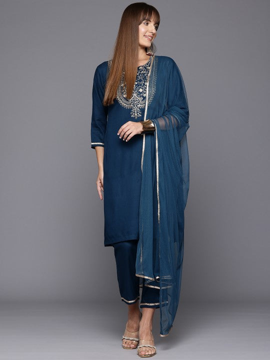 Biba Floral Yoke Design Gotta Patti Straight Kurta with Trousers & Dupatta