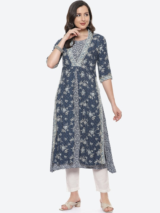 Biba Women Navy Blue & Beige Floral Printed Kurta