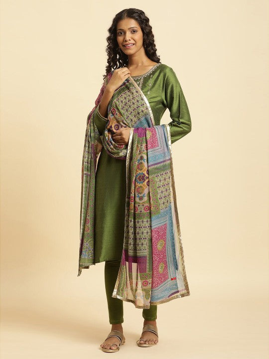 W Pink & Green Printed Dupatta