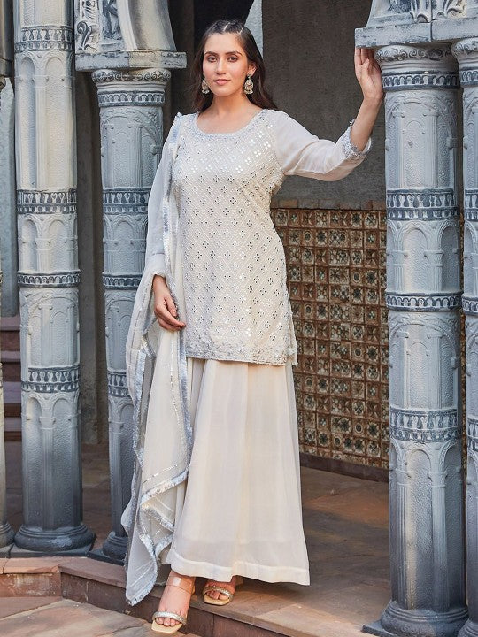 Biba Ethnic Motifs Embroidered Straight Kurta With Sharara & Dupatta