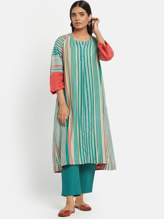 Fabindia Women Multicoloured Striped Panelled Kurta with Trousers