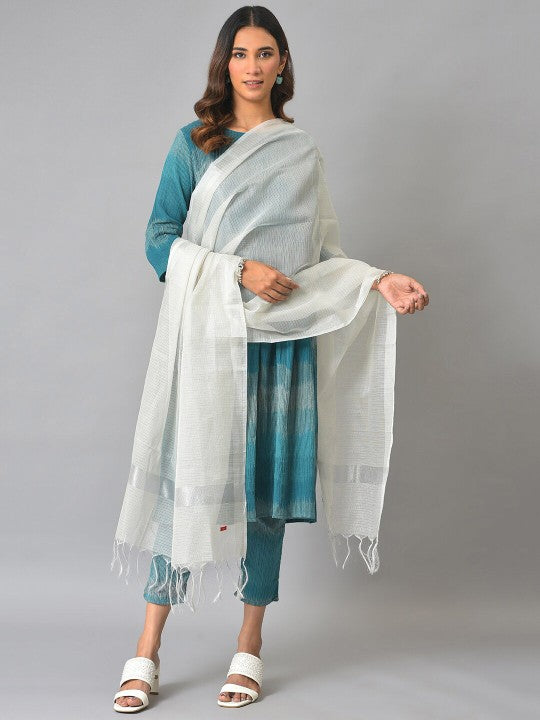 W Silver Striped Tasselled Border Dupatta