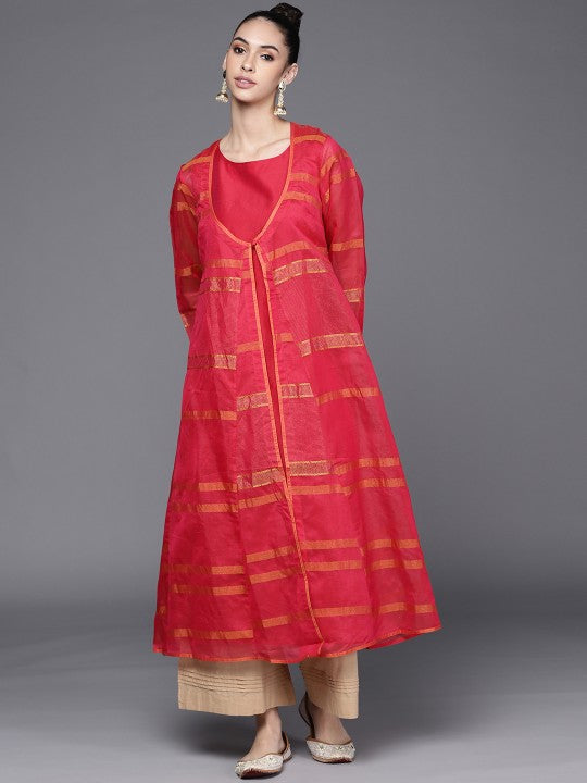 Fabindia Women Pink & Orange Striped Layered A-Line Kurta