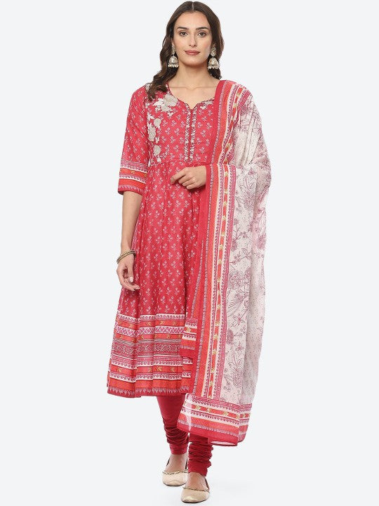 Biba Women Plus Size Floral Printed Empire Kurta With Churidar & Dupatta - Red