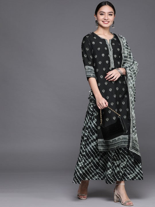 Biba Women Black & Grey Ethnic Printed Regular Kurta with Palazzos & Dupatta