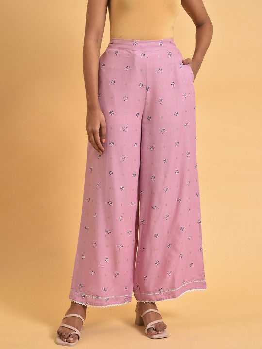 W Women Floral Printed Straight Fit Palazzos - Pink