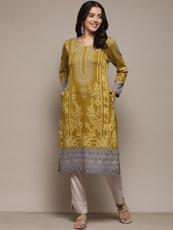 Biba Ethnic Motifs Printed Thread Work Kurta - Mustard Yellow