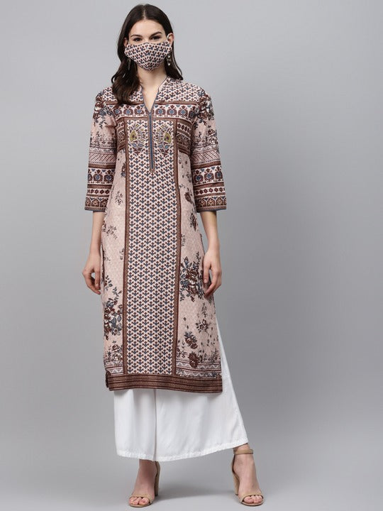 Biba Women Pink Teal Blue Printed Pure Cotton Straight Kurta
