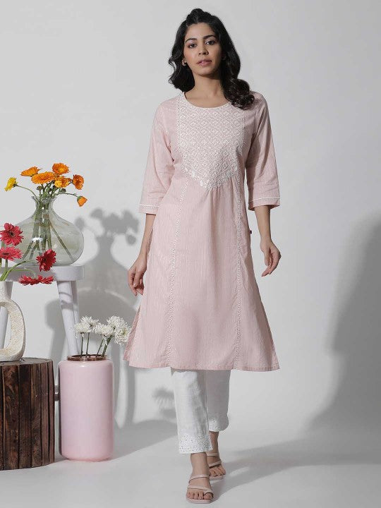 W Floral Yoke Design Thread Work Straight Kurta