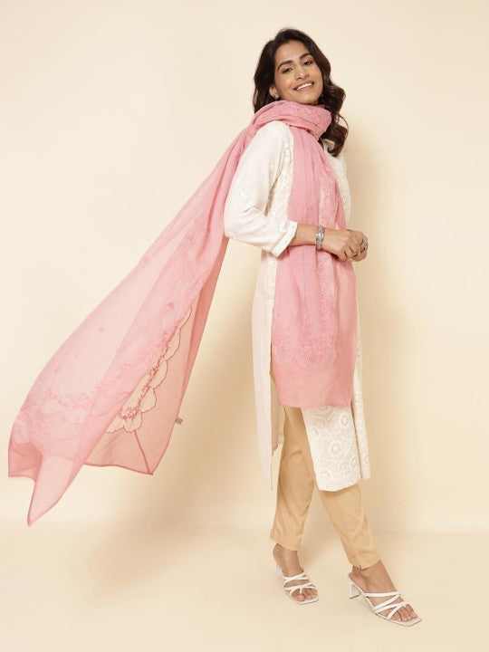 Fabindia Ethnic Motifs Embroidered Chikankari Cotton Silk Dupatta - Pink