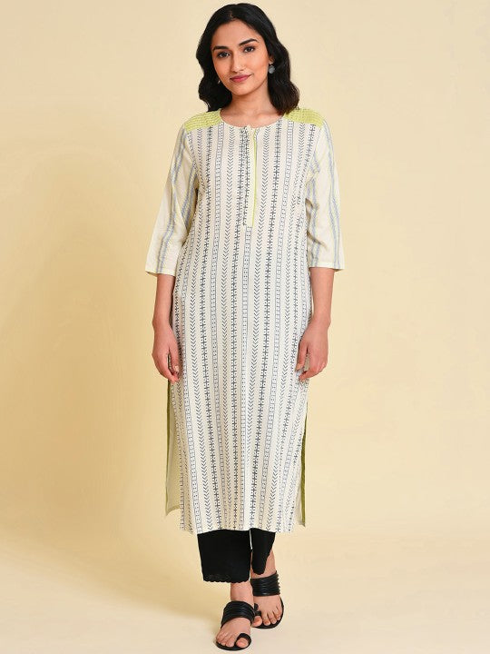 W Striped Thread Work Straight Kurta