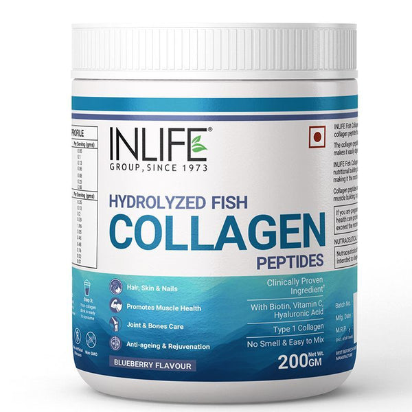 Nlife Hydrolyzed Marine Fish Collagen Peptides Powder - Blueberry - 200 gms