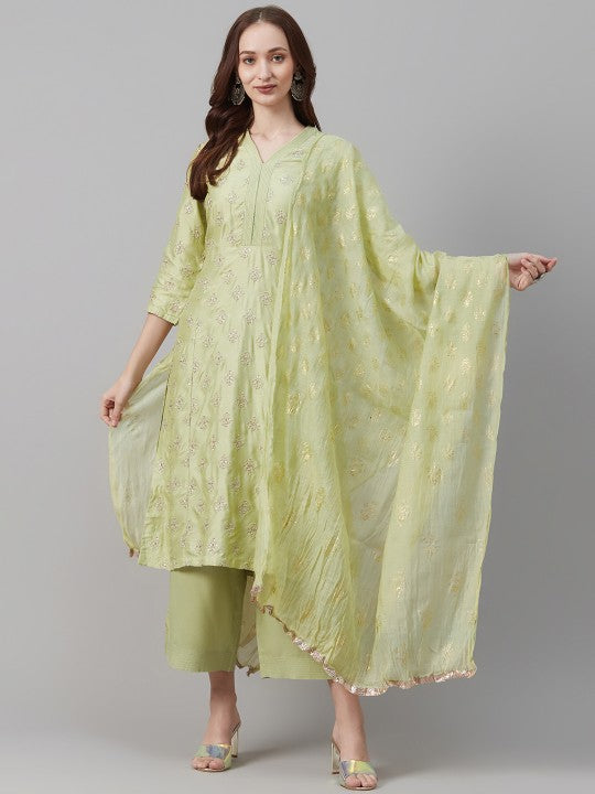 Biba Women Green & Golden Embroidered Kurta with Palazzos & Dupatta