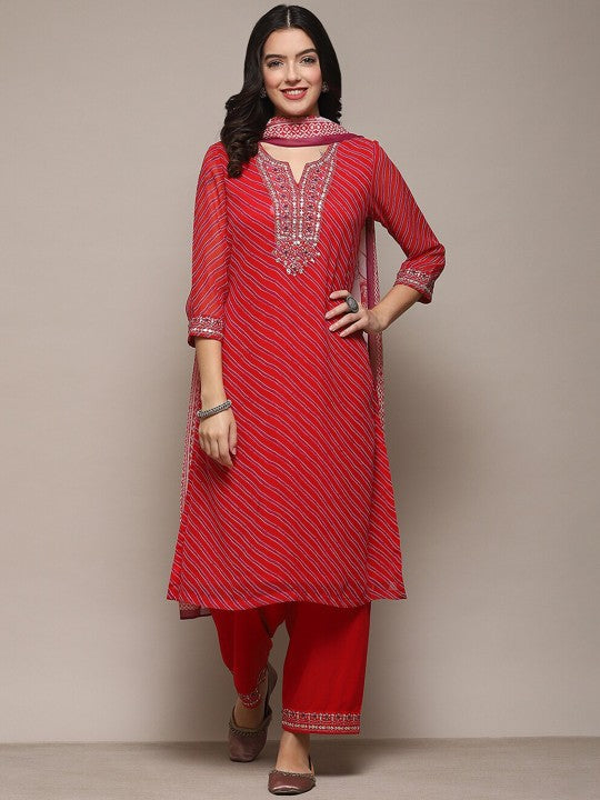 Biba Leheriya Printed Beads And Stones Regular Kurta With Palazzos & Dupatta