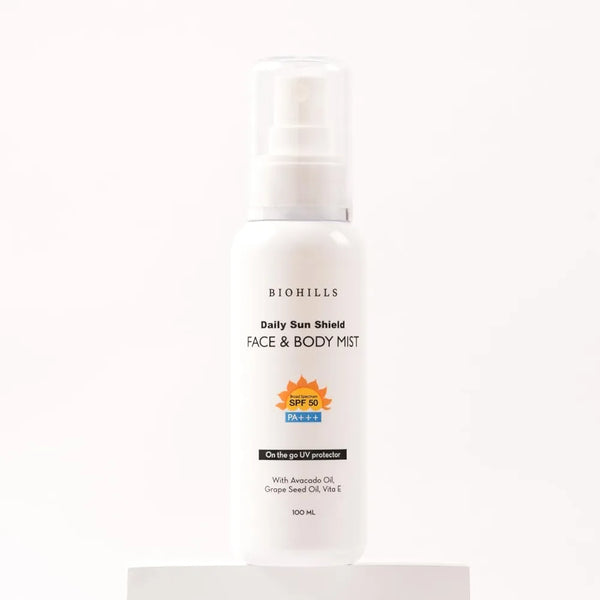 Biohills Daily Sun Shield Face & Body Mist SPF 50 PA+++ | Avocado Oil & Grape Seed Oil for Nourishing Hydration | Niacinamide, Vitamin E & Aloe Vera for Sun Protection & Skin Repair