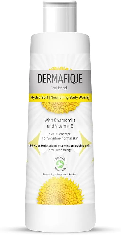 Dermafique Hydra Soft Nourishing Body Wash – 250ml, Showergel for Women & Men, No Parabens/SLS/SLES, With Vitamin E & Chamomile, Suitable for Sensitive - Normal Skin | Dermatologist Tested