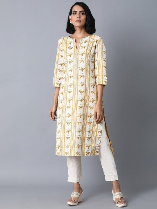 W Women Yellow Floral Striped Kurta