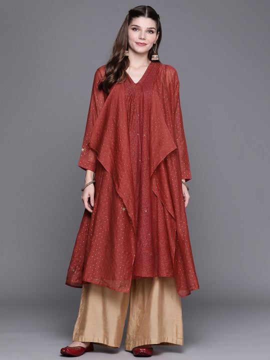 Fabindia Women Rust Orange & Golden Abstract Hand Block Print Layered Kurta