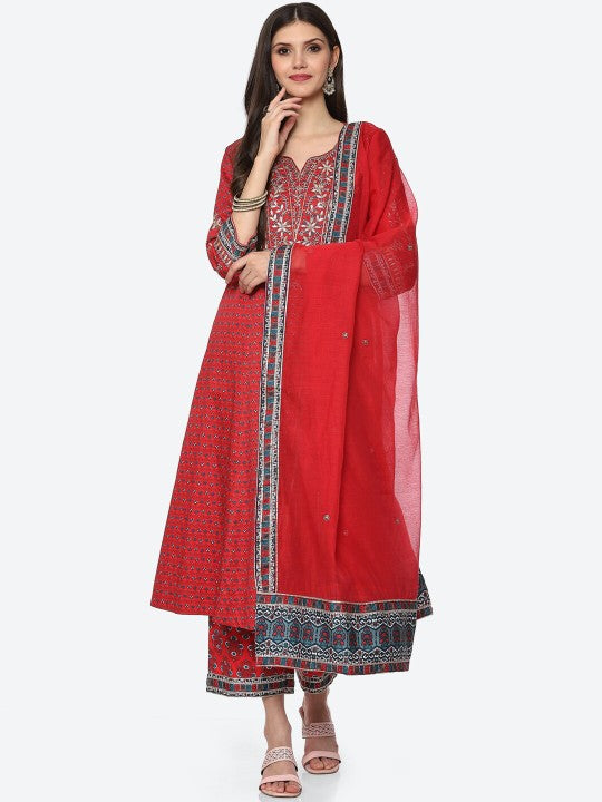 Biba Women Coral Ethnic Motifs Printed A-Line Kurti with Palazzos & Dupatta