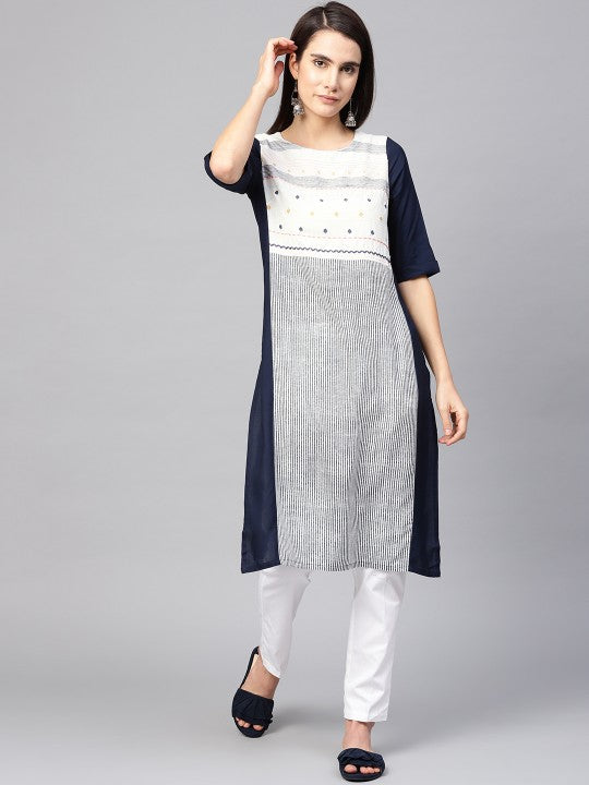 W Women Navy Blue & White Striped Straight Kurta