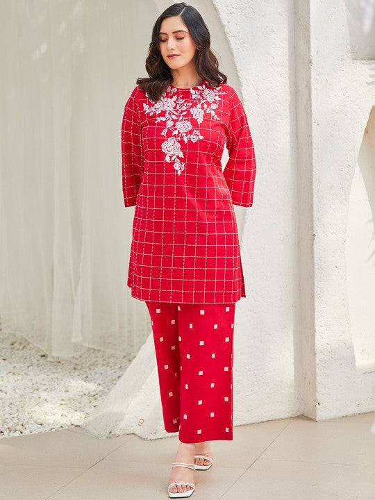 Biba Checked Embroidered Pure Cotton Kurta With Palazzo