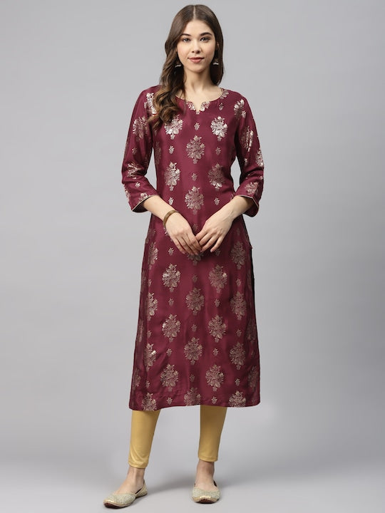 Biba Women Maroon & Golden Printed Straight Kurta