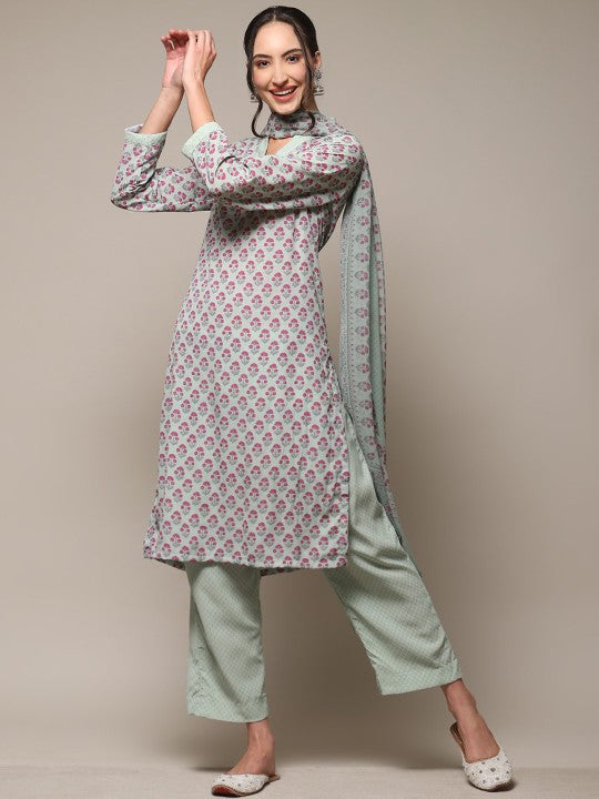 Biba Floral Printed Regular Kurta with Trousers & With Dupatta