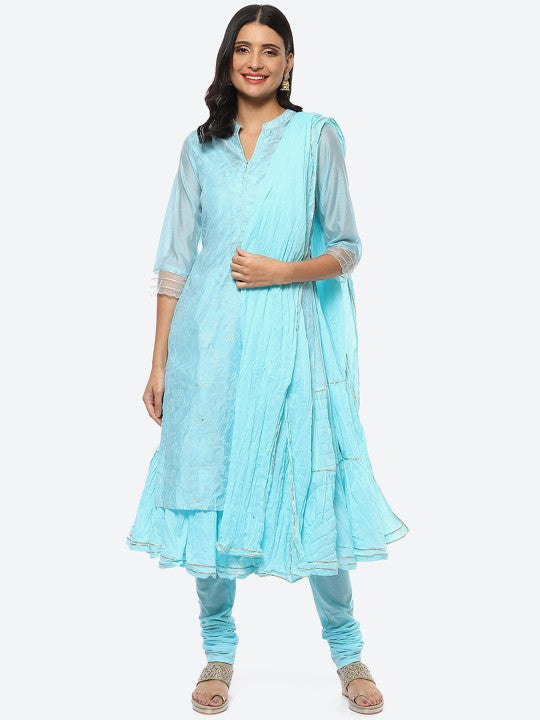 Biba Women Plus Size Layered Kurta with Churidar & Dupatta