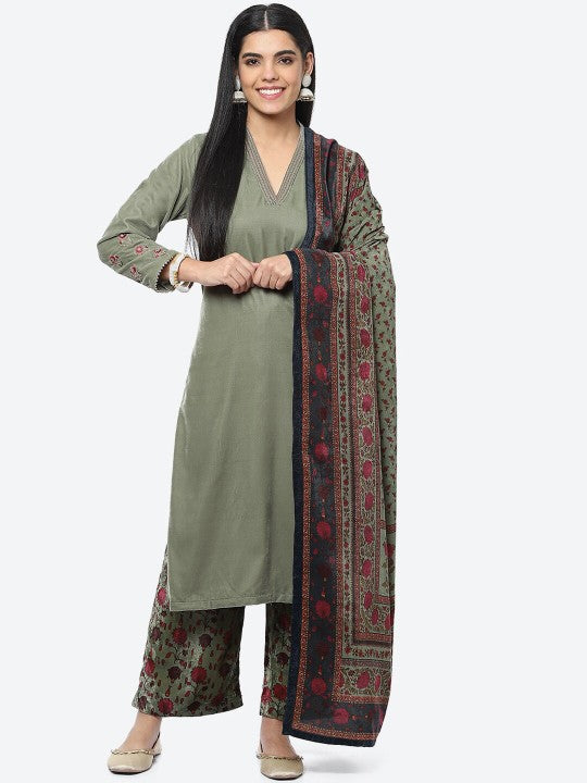 Biba Women Green Velvet Kurta with Palazzos & With Dupatta