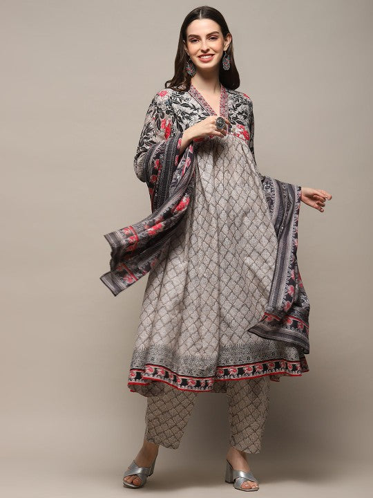 Biba Ethnic Motifs Printed Beads & Stones Pure Cotton A-Line Kurta & Trouser With Dupatta