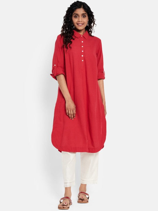 Fabindia Women Red Solid Cotton Kurta