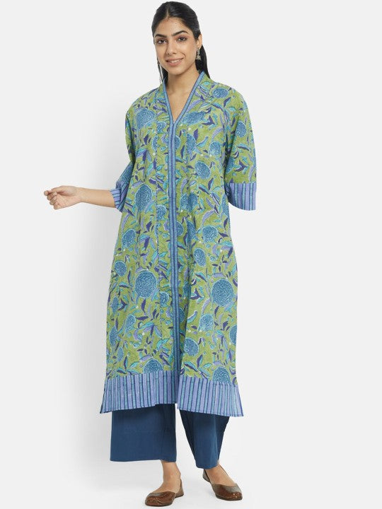 Fabindia Women Green Cotton Floral Printed Regular Fit A-Line Kurta