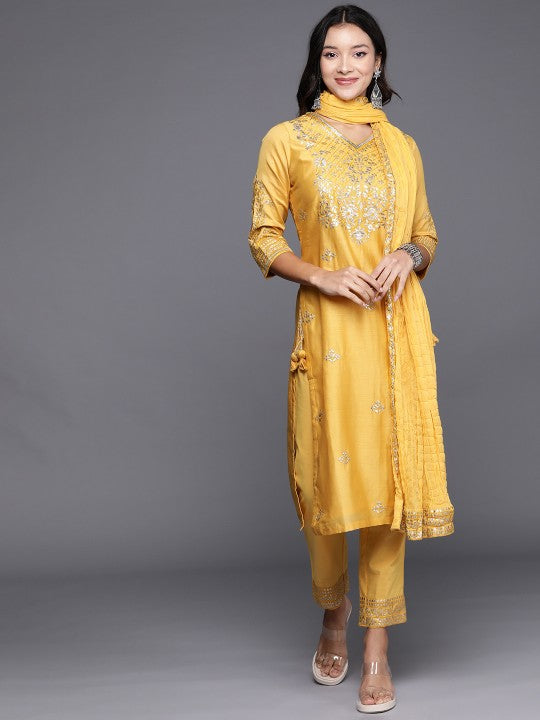 Biba Floral Mirror Work Kurta Set with Dupatta & Potli