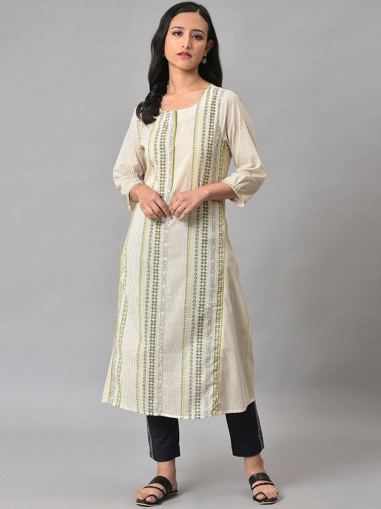 W Geometric Printed Round Neck Pure Cotton A-Line Kurta