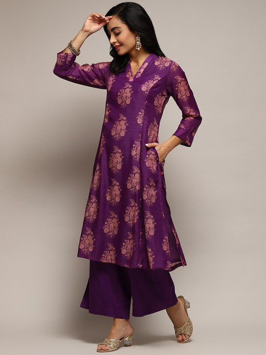 Biba Ethnic Motifs Printed Kurta with Palazzos - Violet