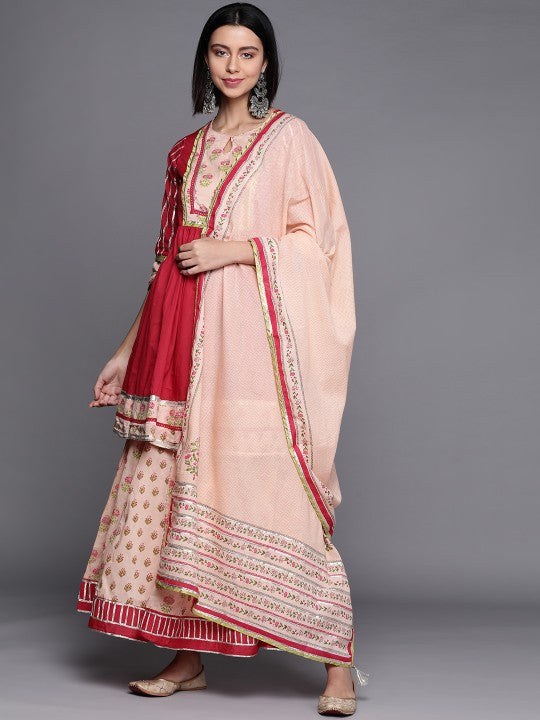 Biba Women Pink & Peach-Coloured Ethnic Yoke Design Pure Cotton Kurta Set & Dupatta