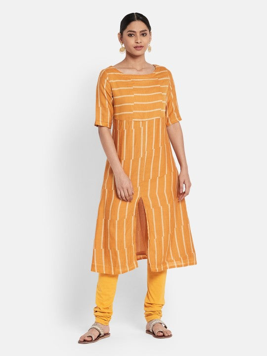 Fabindia Women Mustard Yellow Striped Kurta