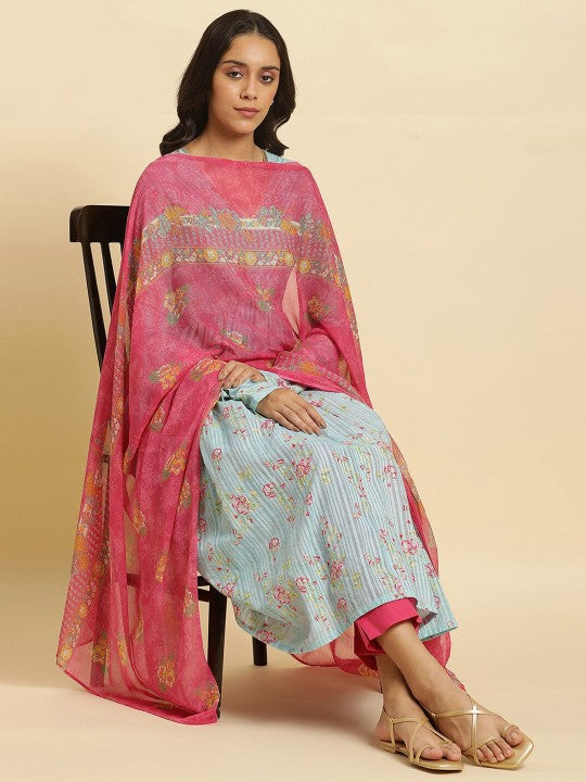 W Floral Printed Dupatta - Pink & Yellow