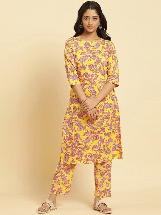 W Floral Printed Regular Pure Cotton Kurta with Trousers - Yellow