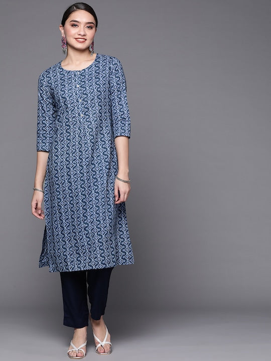 Biba Women Blue Pure Cotton Printed Straight Kurta