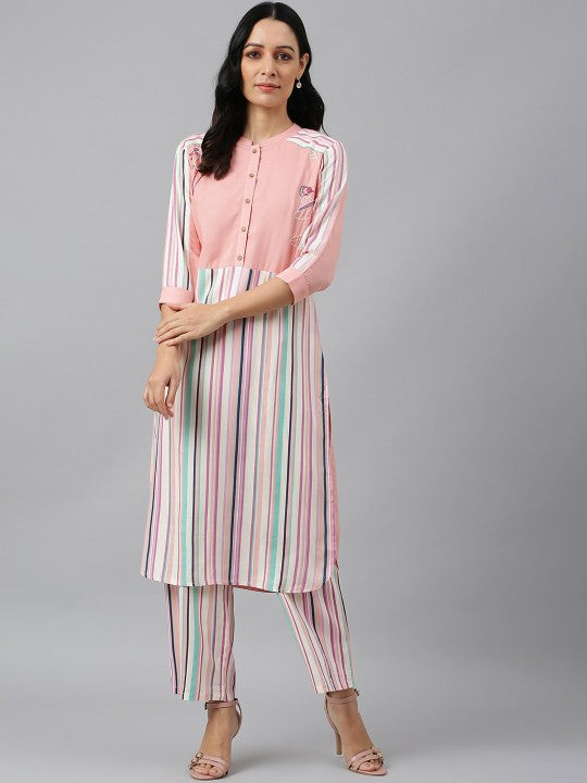 W Women Pink & Blue Striped Kurta