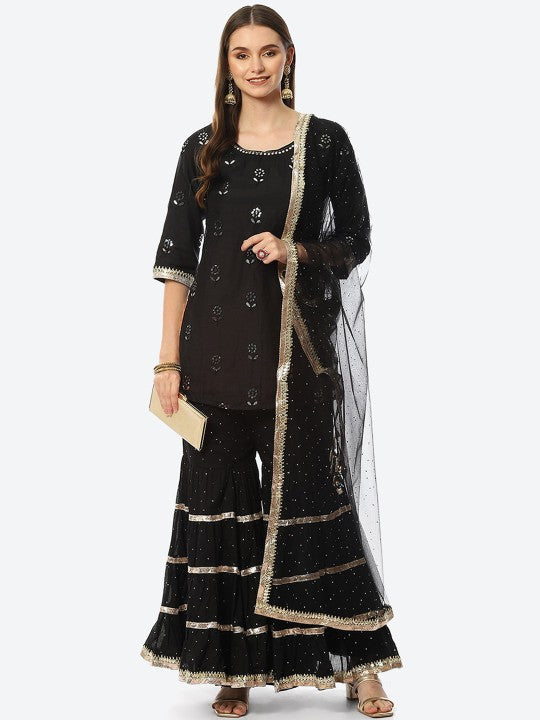 Biba Women Black Printed Chanderi Silk Kurta with Sharara & Dupatta