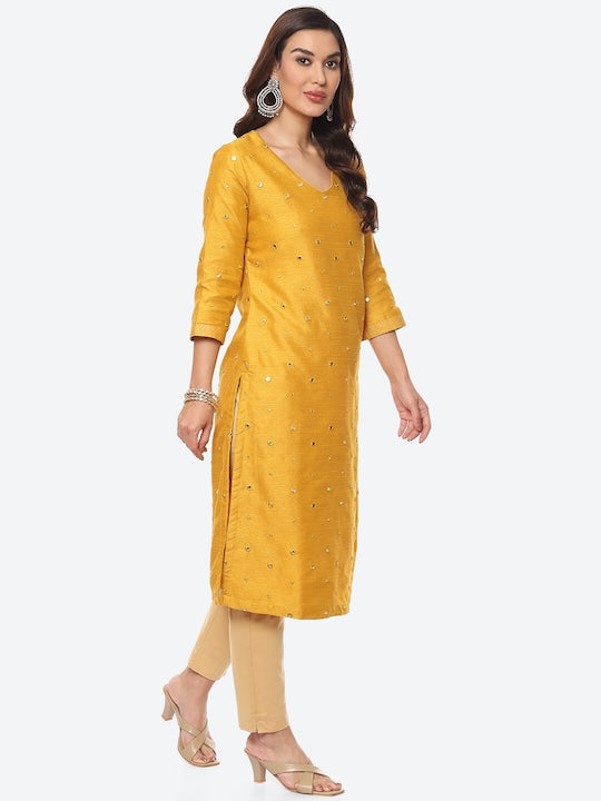Biba Women Yellow Embellished Mirror Work Straight Fit Art Silk Kurta with Dupatta
