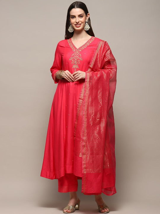 Biba Ethnic Motifs Embroidered V-Neck Anarkali Kurta with Palazzos & Dupatta