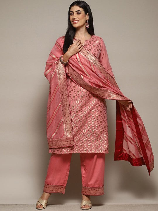 Biba Ethnic Motifs Printed Round Neck Kurta With Palazzos & Dupatta