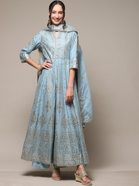 Biba Ethnic Motifs Embroidered High Slit Kurta With Palazzos & Dupatta