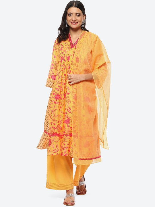 Biba Women Floral Printed Kurta with Palazzos & With Dupatta - Yellow