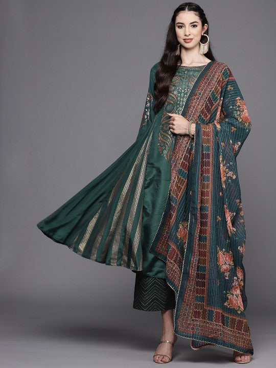 Biba Women Green Ethnic Motifs Printed Panelled Kurta with Palazzos & With Dupatta