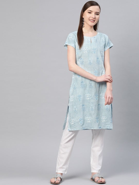 W Women Blue Printed Straight Keyhole Neck Kurta