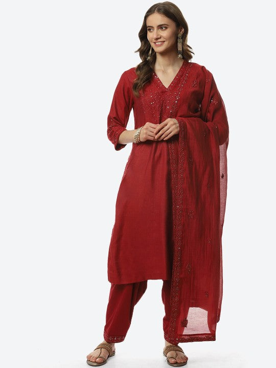 Biba Women Embroidered V-Neck Kurta with Patiala & With Dupatta